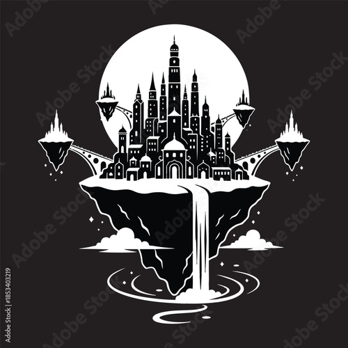 Fantasy floating island city with castle, waterfalls and full moon silhouette vector illustration.