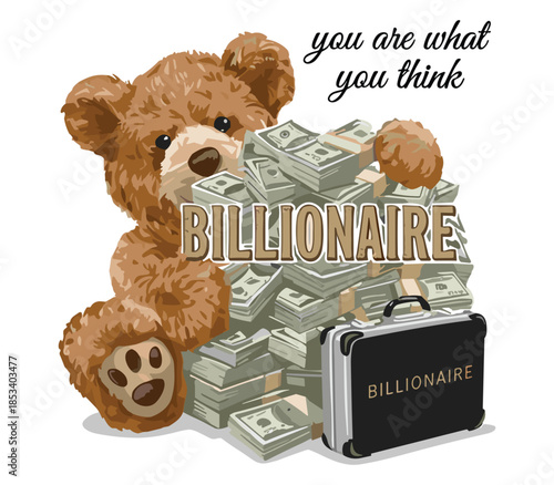 Charming vector illustration of a plush teddy bear hugging a large stack of cash, embodying wealth and luxury in a playful manner.