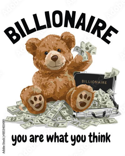 Engaging vector graphic showing a cheerful teddy bear seated amidst scattered money and a suitcase, depicting themes of wealth and success.