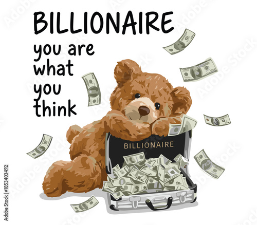 Whimsical vector illustration of a cute teddy bear reclining with a suitcase overflowing with money, exuding wealth and charm.