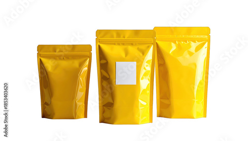 Three bright yellow pouches with a reflective shine, one with a white label, on black