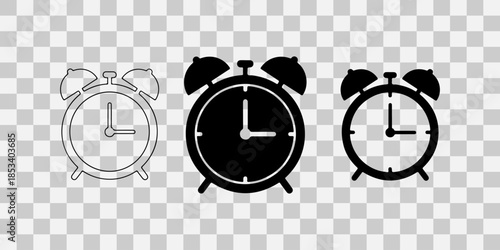 Alarm clock icons in different styles on transparent background
