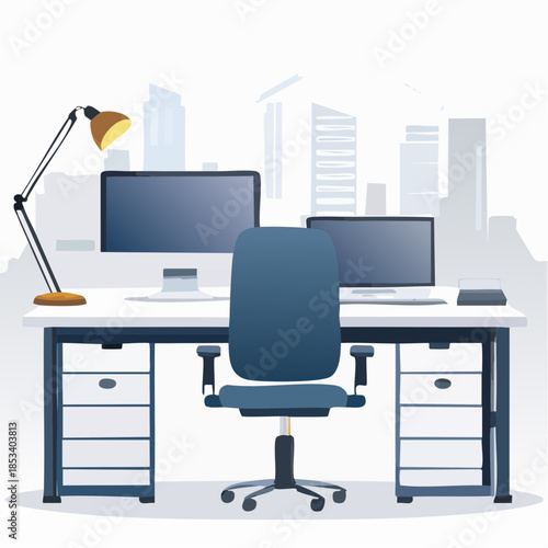 Minimal vector illustration of empty office desks with computers turned off, flat modern workspace
