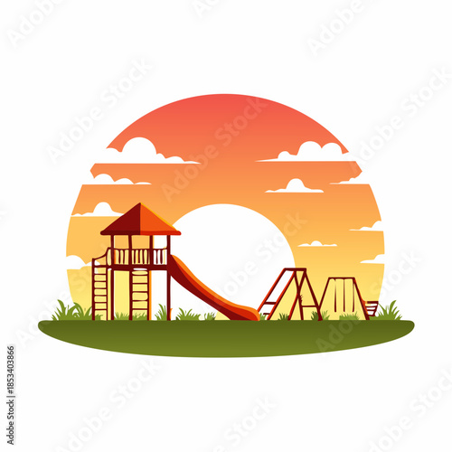 Emotional flat vector illustration of an empty playground at sunset, quiet moment and childhood memory concept
