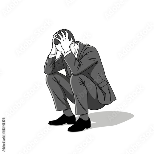 Illustration of a stressed man crouching on the floor