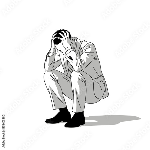 Illustration of a stressed man crouching on the floor