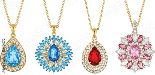Luxury gemstone pendant necklaces illustration, gold chains with blue red pink crystals, elegant jewelry collection isolated on white background design