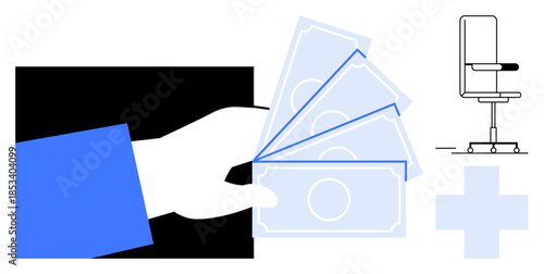 Finance, transactions, workspace, business expenses, office payment, workplace solutions. A hand holding money with an adjacent office chair and medical cross. Finance and transaction illustration