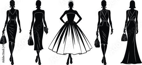 Female silhouette, fashion poses, elegant dress, handbag style, vintage gown, confident posture, vector art, flat design,