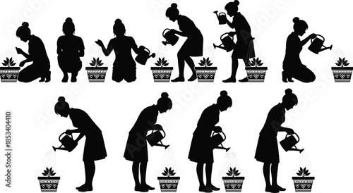 Gardening silhouette, watering plant, potted care, kneeling posture, watering can, garden routine, vector art, flat design,
