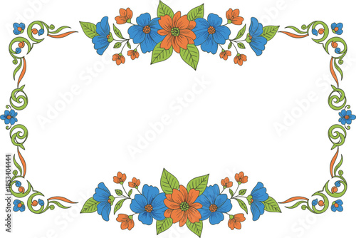 Colorful floral decorative frame with blue and orange flowers, elegant botanical border design, isolated on white background illustration
