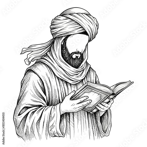 a faceless bearded man wearing a turban and traditional robes, holding and reading a book