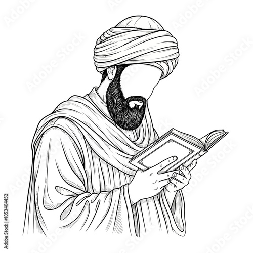 a faceless bearded man wearing a turban and traditional robes, holding and reading a book