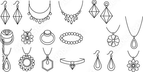 Minimalist jewelry line icons set, necklaces earrings rings bracelets, black outline vector illustration, isolated on white background for modern design