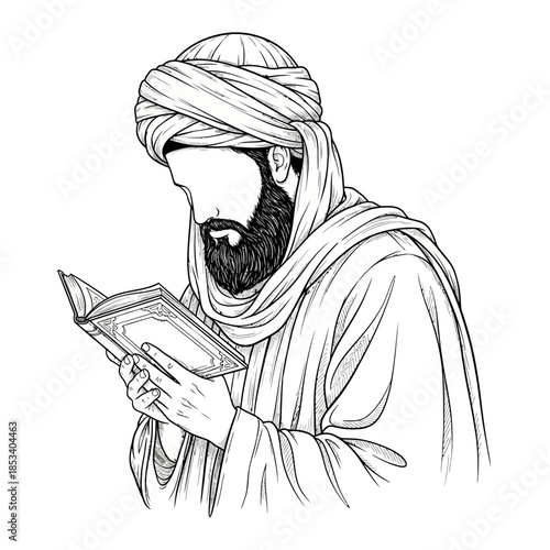 a faceless bearded man wearing a turban and traditional robes, holding and reading a book