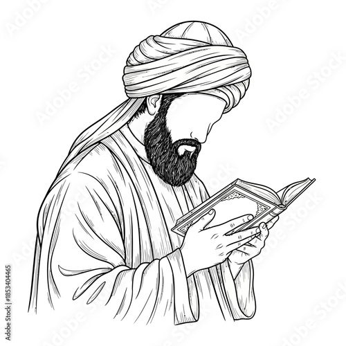 a faceless bearded man wearing a turban and traditional robes, holding and reading a book