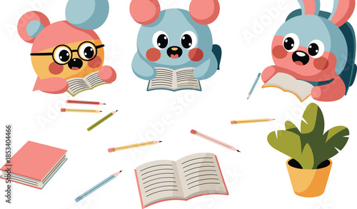 Cute animal characters studying illustration set with books pencils and school supplies education concept isolated on white background, cartoon learning design