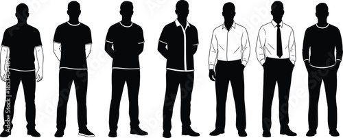 Male silhouette, fashion style, casual to formal, dress code, posture change, clothing evolution, vector art, flat design,