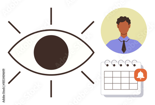 Open eye symbol with rays, user profile, and calendar with notification. Ideal for productivity, focus, organization, time management, planning reminders team management. Simple flat metaphor
