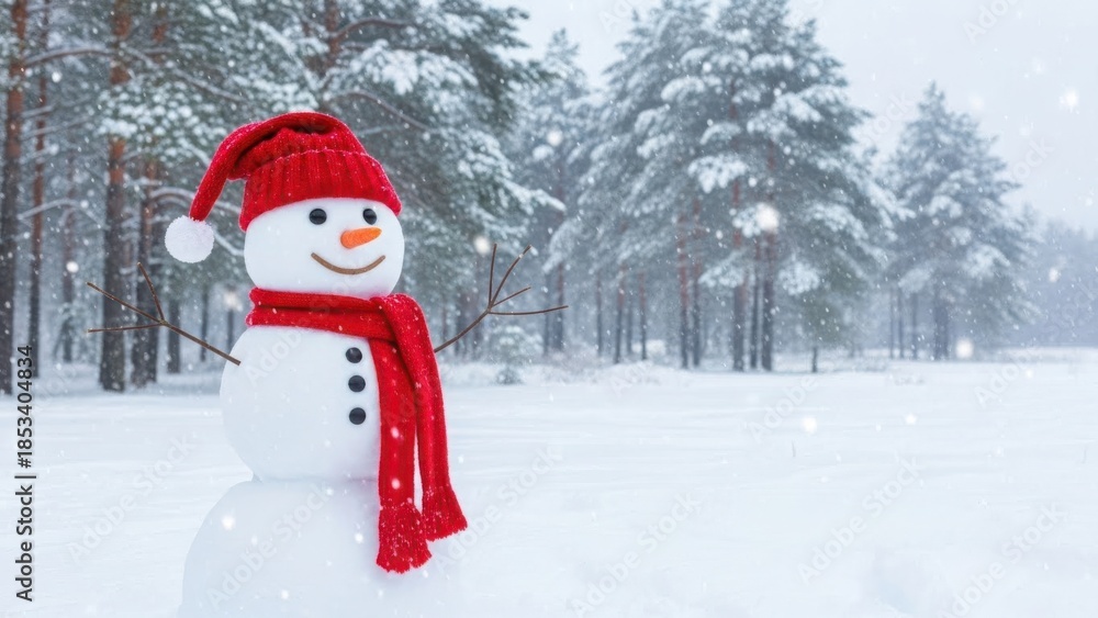 Fototapeta premium Snowman in winter forest