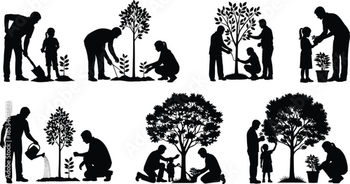 Tree planting, silhouette figures, environmental care, gardening teamwork, adult and child, nature nurture, vector art, flat design,
