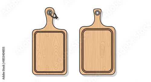 Two wooden cutting boards with handles on a white background, one with a black hook.