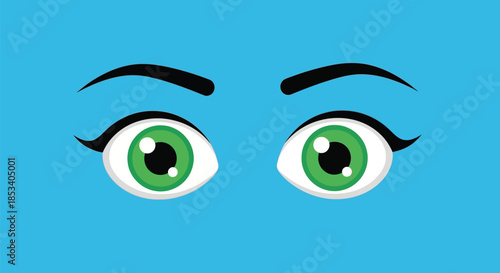 Close-up illustration of green eyes with black eyebrows on a blue and white background, with a graphic design style.