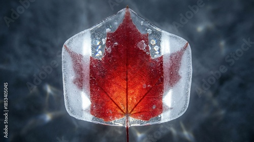 Vibrant red maple leaf encased in solid ice with sparkling air bubbles against a dark background for nature preservation concept and winter resilience