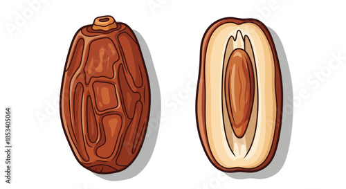 Illustration of a whole and halved date fruit on a white background with shadows.