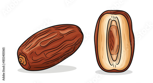 Illustration of a whole and halved date fruit on a plain white background with warm brown tones.