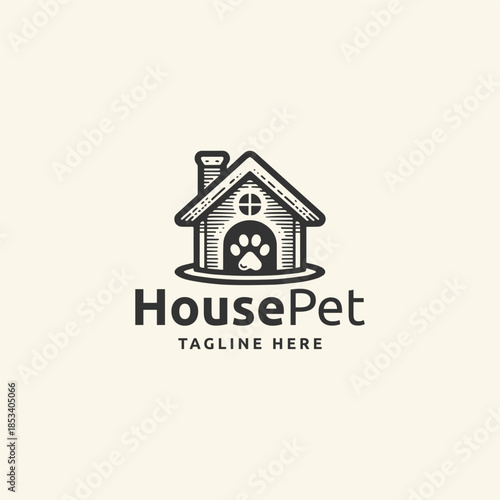 Cute and friendly pet house logo, featuring a house and animal paws