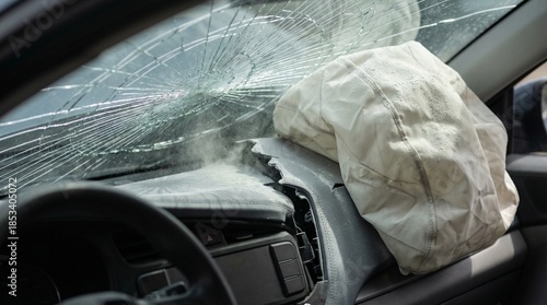 Deployed airbag and severely cracked windshield in a damaged car interior, illustrating the aftermath of a collision concept and vehicle safety