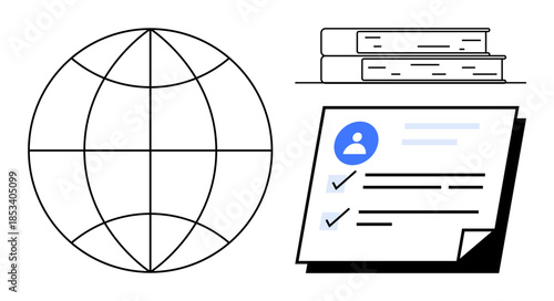 World grid, stacked books, and profile checklist with checkmarks symbolize global education, organized learning, and personal progress. Ideal for education, learning, research, study information