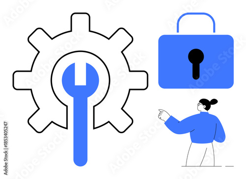 Data protection, cybersecurity, user privacy, system maintenance, digital tools, technology. Gear with wrench, a lock and a person pointing. Data protection and cybersecurity concept