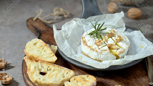 Baked Camembert Cheese with Walnuts Honey and Toasted Baguette
