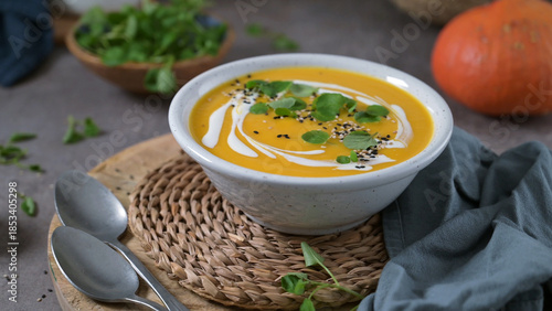 Creamy Pumpkin Soup with Swirls of Cream and Fresh Greens