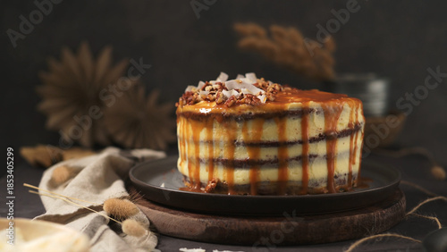 Layered Chocolate Cake with Creamy Frosting and Salted Caramel Drip
