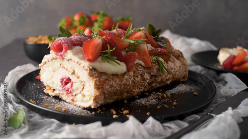Sweet Berry Meringue Roulade with Cream and Fresh Strawberries