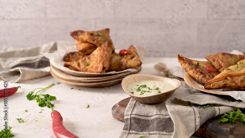 Crispy Golden Samosas with Yogurt Dip and Red Chili Peppers