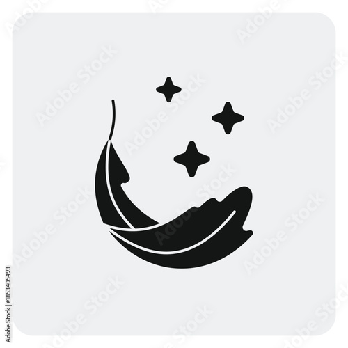 Minimalist white feather and stars icon set representing gentle formula, delicate fabric, and hypoallergenic quality for branding
