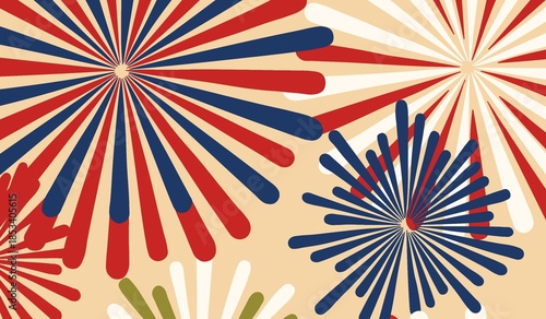 Abstract Retro Sunburst Background with Red and Blue Fireworks Rays for Celebration