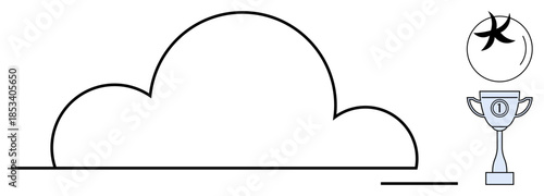 Cloud computing. Simplified vector with a cloud, a trophy, and connected elements to cloud computing. Cloud computing enables data storage, teamwork, and innovation. For tech, business and IT