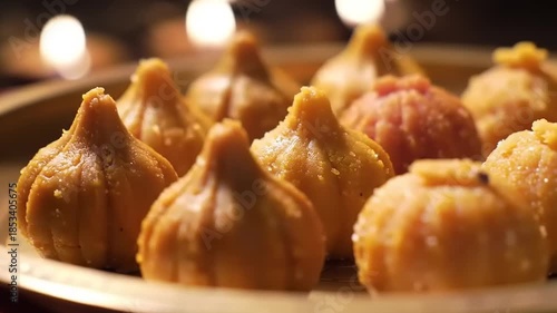Modak with Indian sweet dessert, and gold plate.