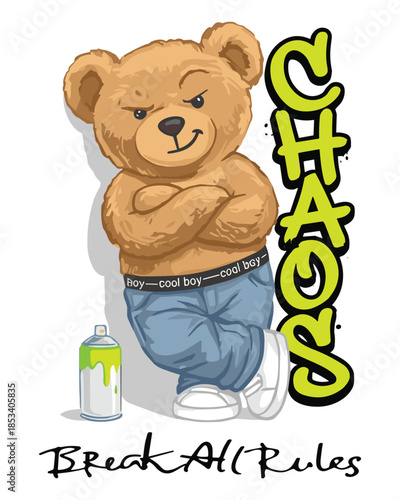 Edgy vector illustration of a cool teddy bear with arms crossed, exuding confidence and a break-the-rules attitude amid urban chaos