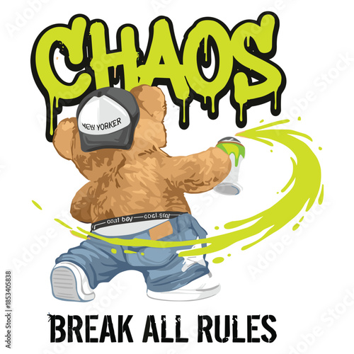 Dynamic vector illustration of a teddy bear graffiti artist in action, spraying paint with a new yorker cap under the banner of chaos
