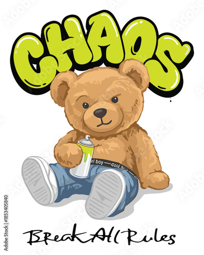 Playful vector illustration of a teddy bear graffiti artist sitting with spray can, adding a touch of urban charm and youthful rebellion