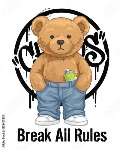 Simple vector illustration of a relaxed teddy bear with hands in pockets, embodies a break-the-rules attitude under the shadow of chaos