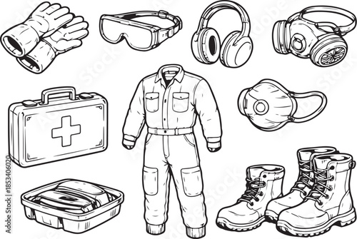 Mechanic Safety Gear Line Art Set.eps