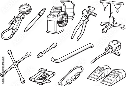 Hand Drawn Mechanical Tools Line Art Set, Repair Equipment Outline Illustration