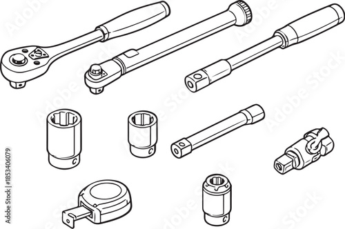 Socket and Ratchet System Line Art Set.eps